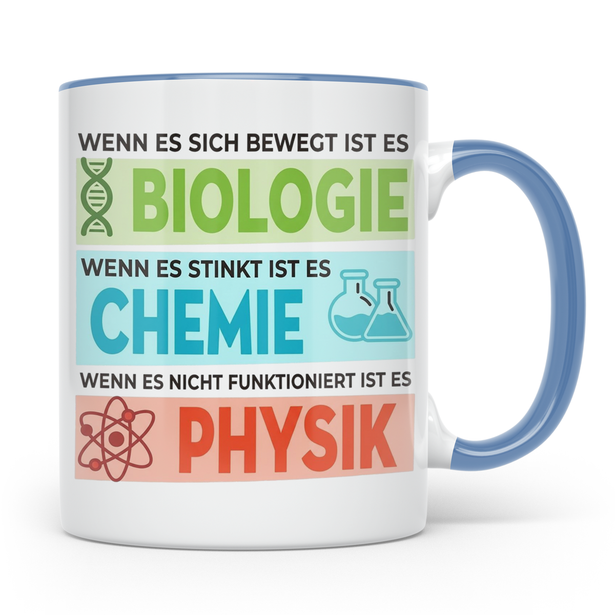 Naturwissenschaften Tasse mit Spruch Biologie, Chemie, Physi – Blau [farbe:blau]