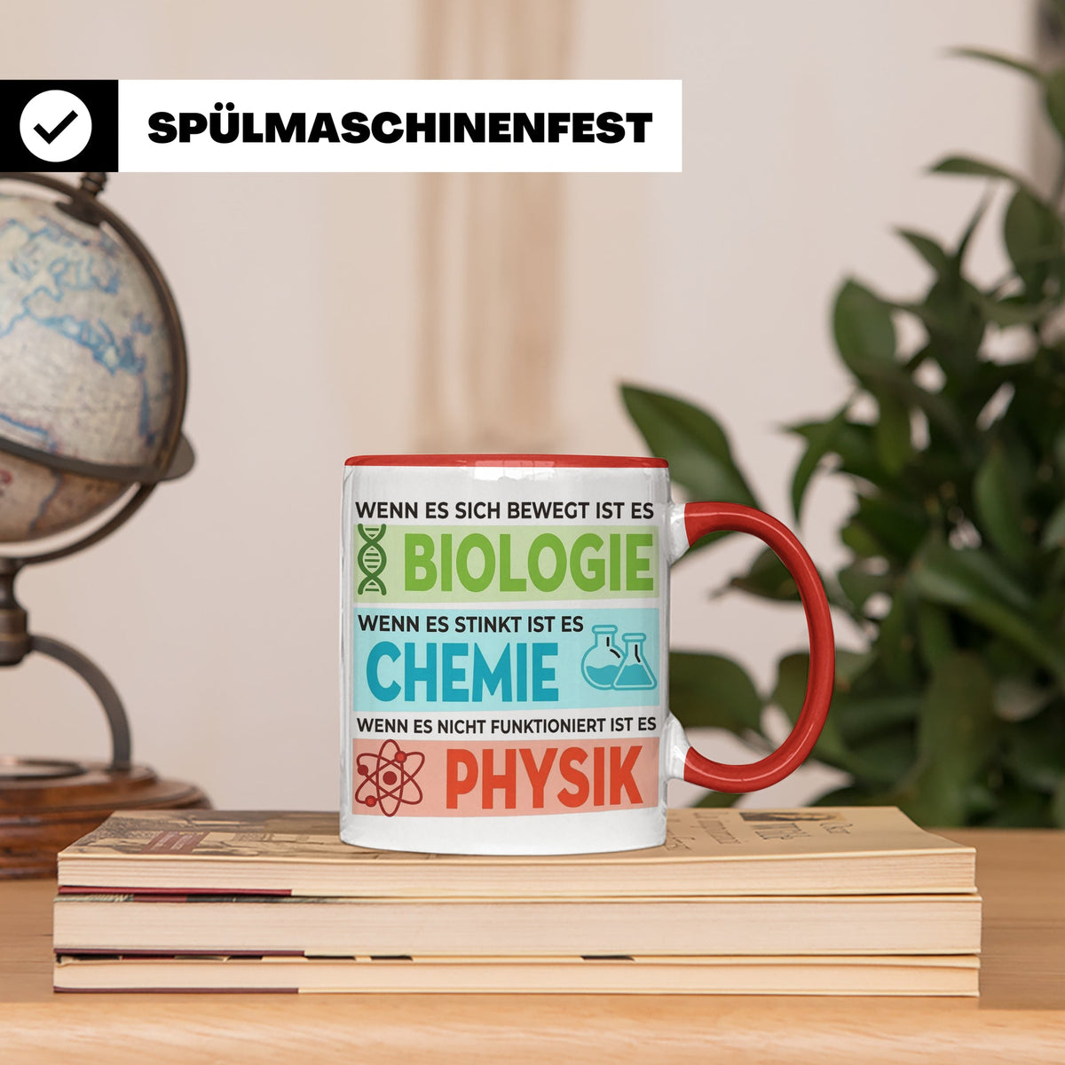 Naturwissenschaften Tasse mit Spruch Biologie, Chemie, Physi – Rot [farbe:rot]