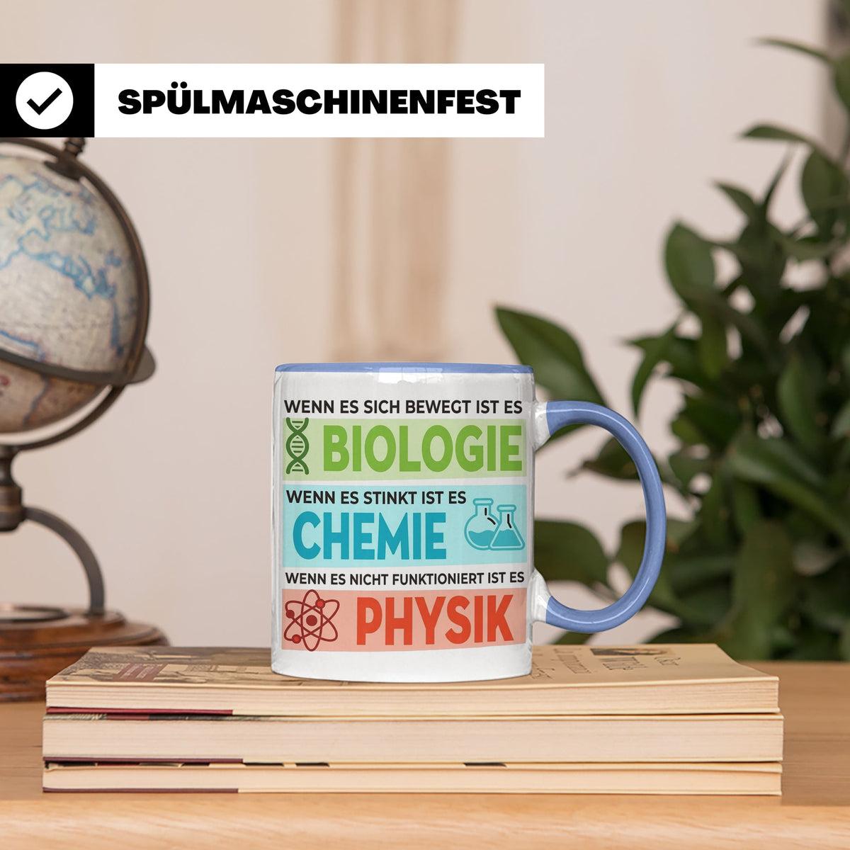 Naturwissenschaften Tasse mit Spruch Biologie, Chemie, Physi – Blau [farbe:blau]