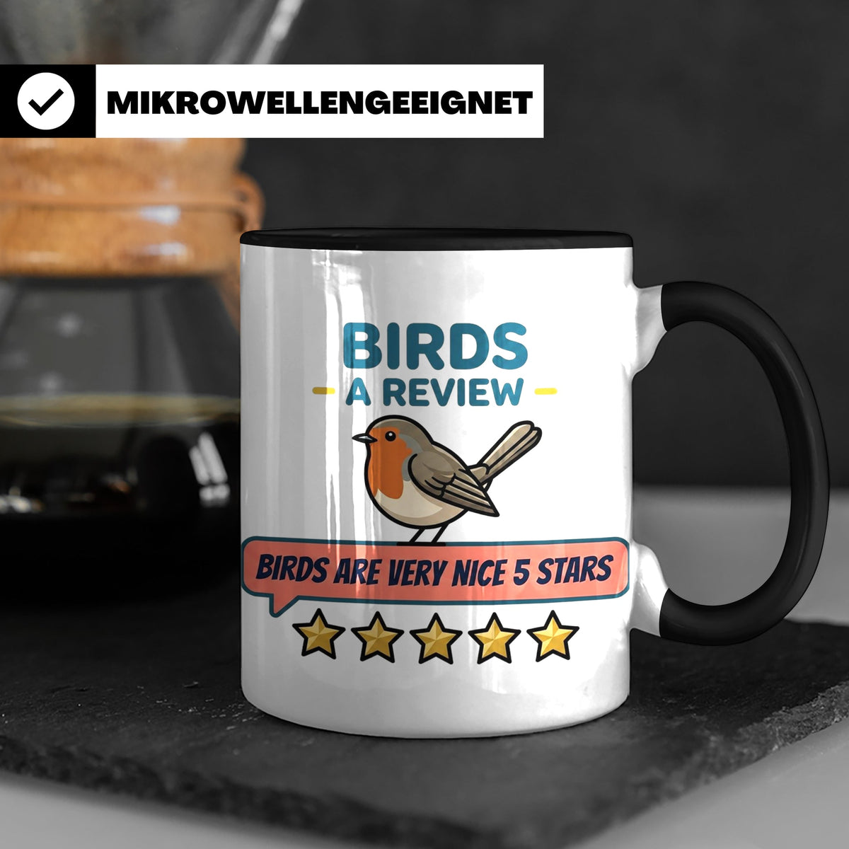Rotkehlchen Tasse mit lustiger 5 Sterne Bewertung, Birds are – Schwarz [farbe:schwarz]
