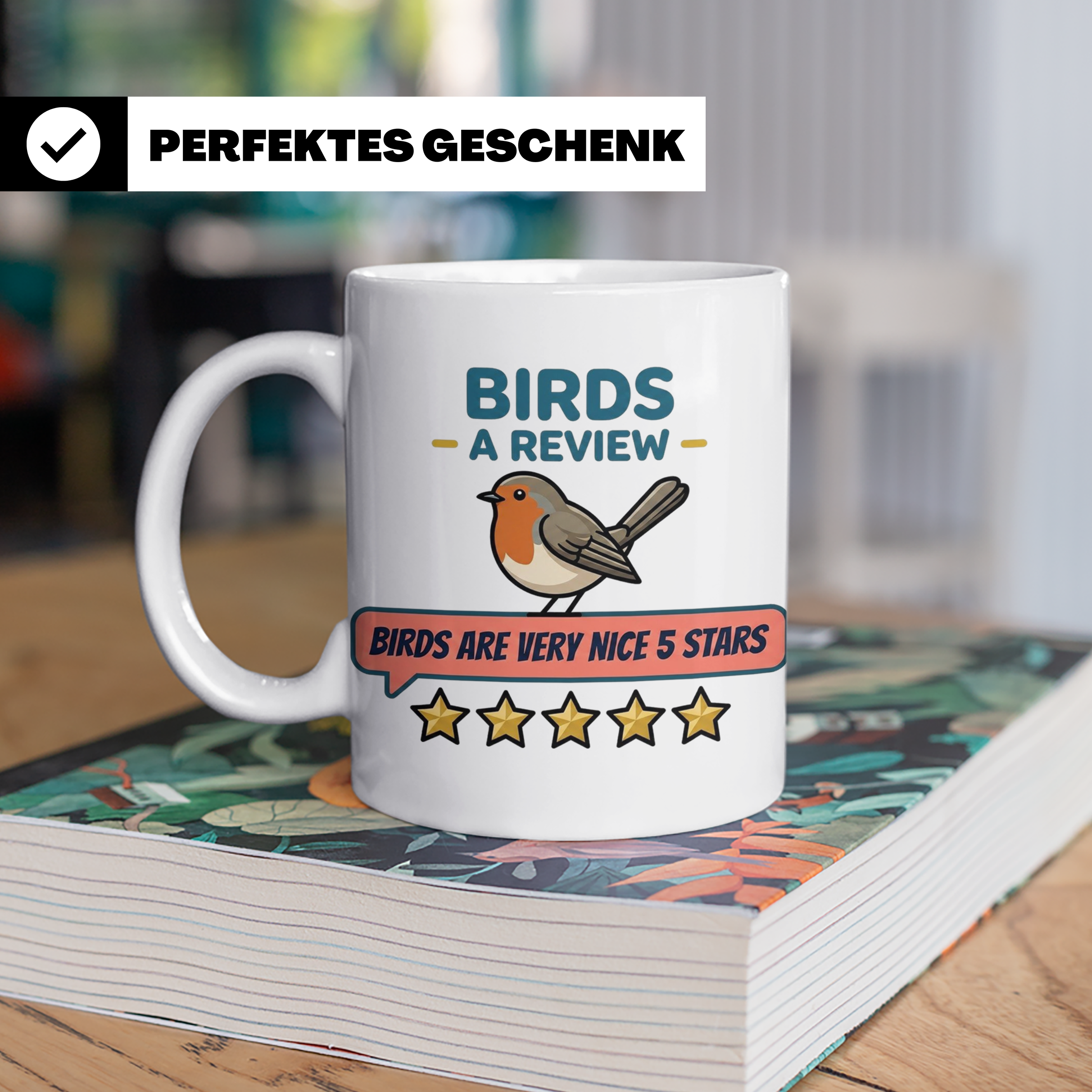 Rotkehlchen Tasse mit lustiger 5 Sterne Bewertung, Birds are – Weiß [farbe:weiß]