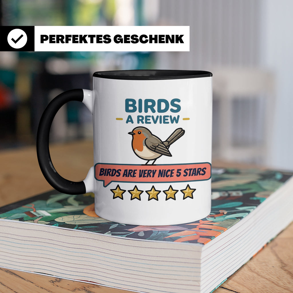 Rotkehlchen Tasse mit lustiger 5 Sterne Bewertung, Birds are – Schwarz [farbe:schwarz]