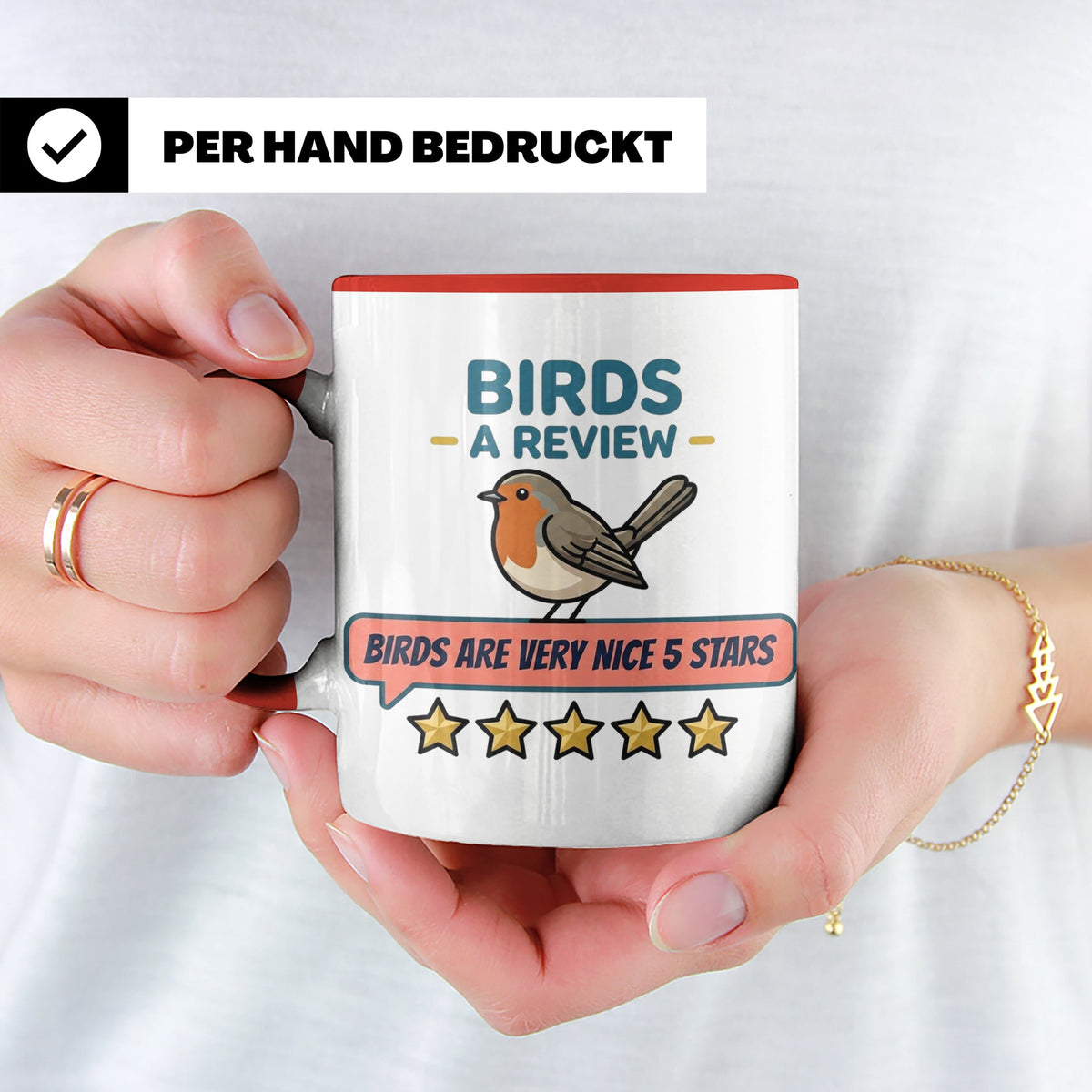 Rotkehlchen Tasse mit lustiger 5 Sterne Bewertung, Birds are – Rot [farbe:rot]