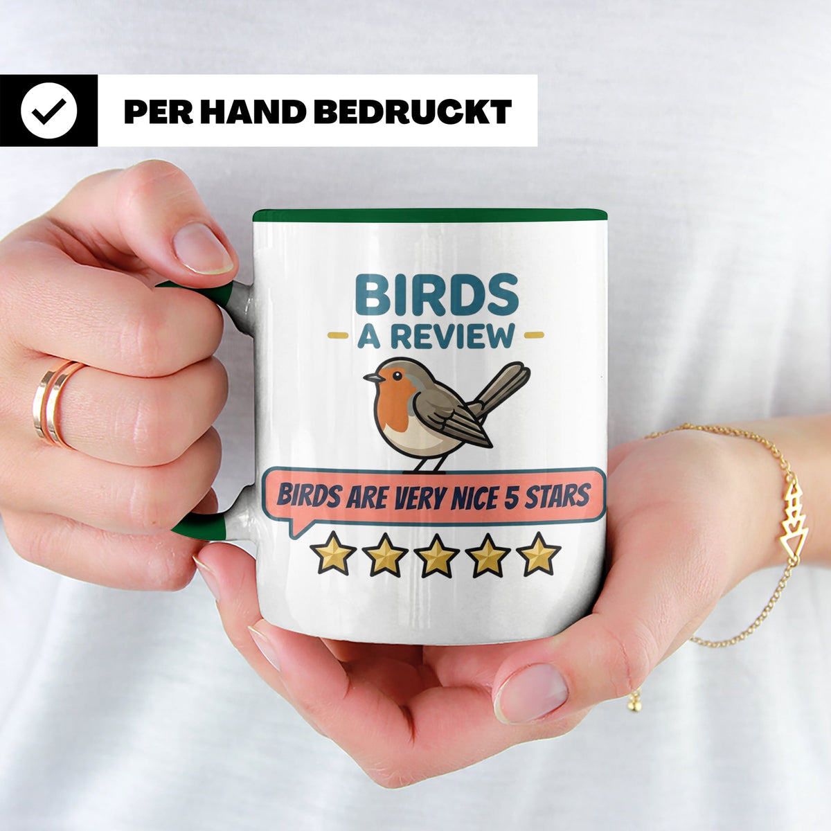 Rotkehlchen Tasse mit lustiger 5 Sterne Bewertung, Birds are – Grün [farbe:grün]