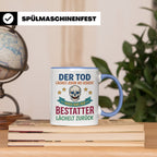 Bestatter Tasse mit Spruch Der Tod lächelt zurück | Geschenk – Blau [farbe:blau]