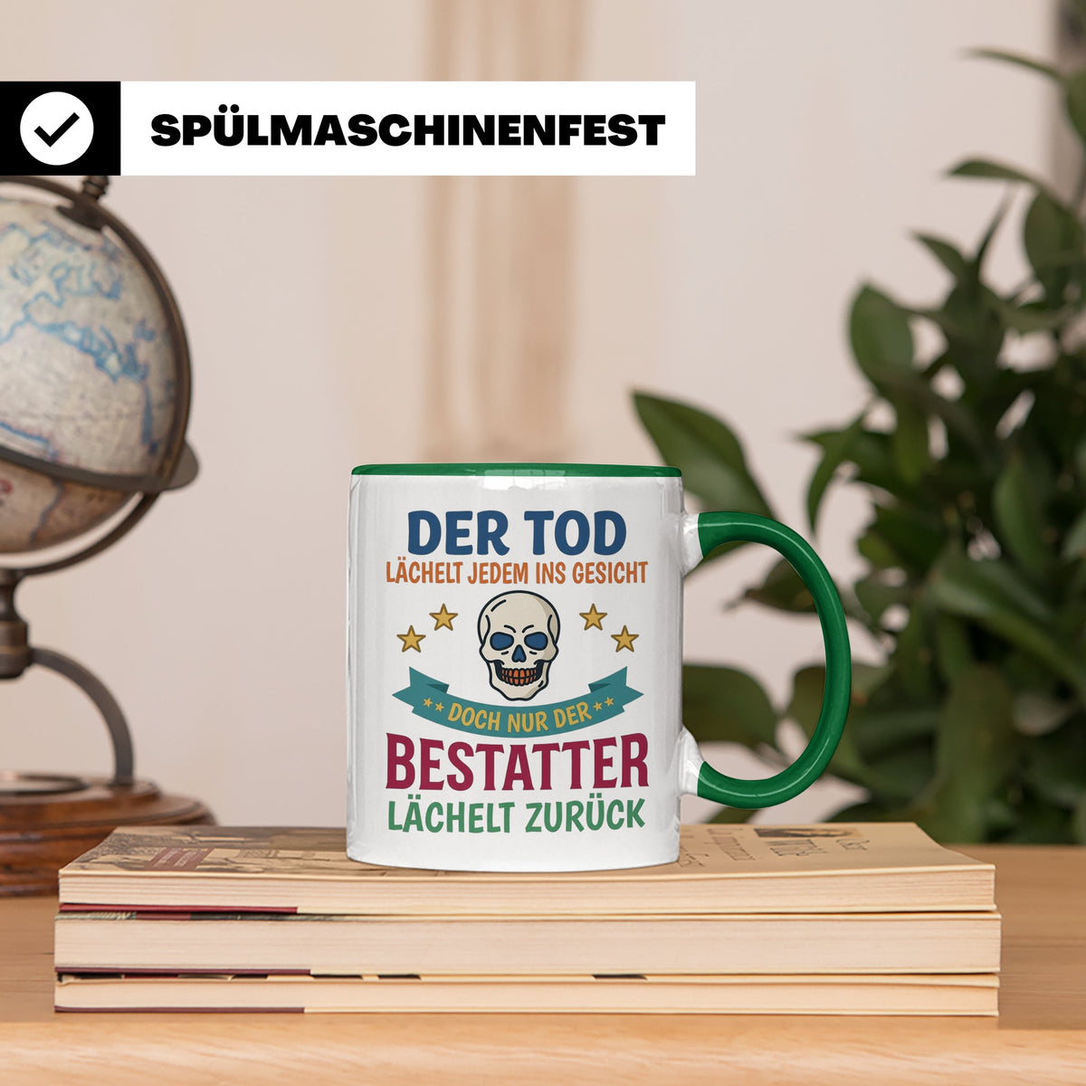 Bestatter Tasse mit Spruch Der Tod lächelt zurück | Geschenk – Grün [farbe:grün]