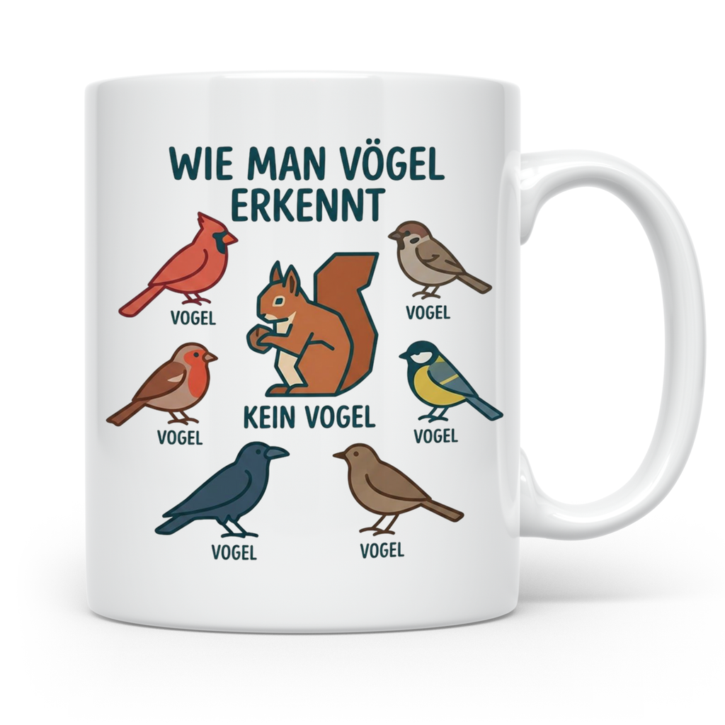 Vögel erkennen Tasse, lustiger 'Kein Vogel' Spruch mit Eichh – Weiß [farbe:weiß]