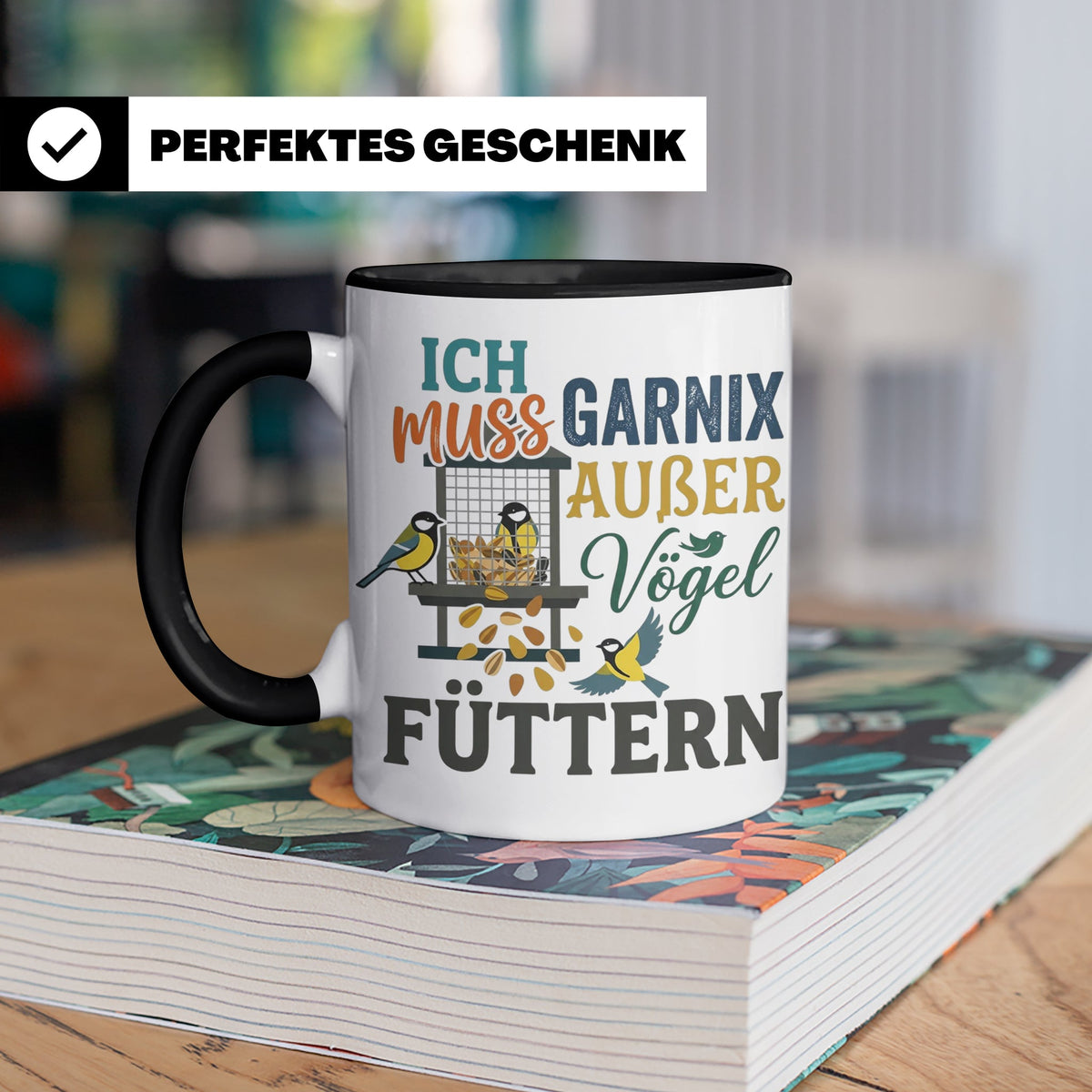 Vögel Füttern Tasse mit Spruch | Geschenk für Vogelfreunde,  – Schwarz [farbe:schwarz]