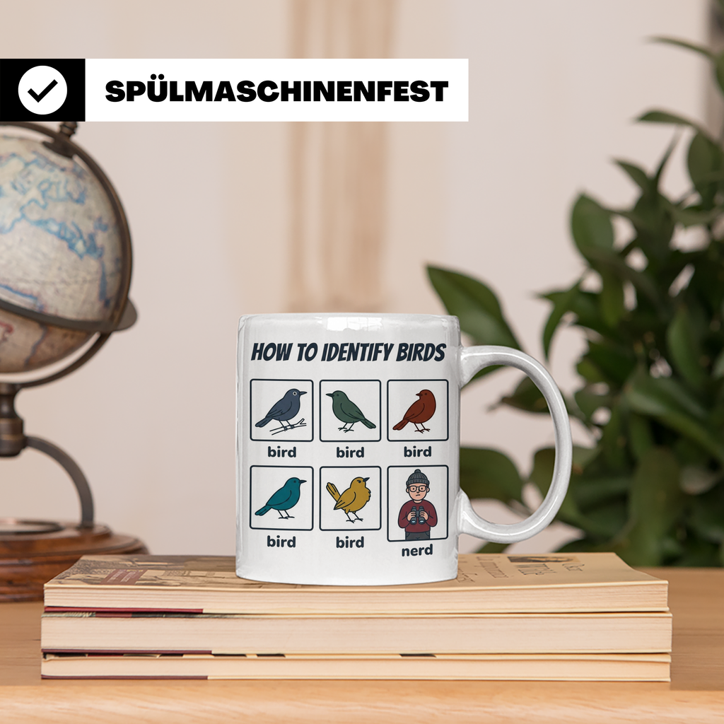Vogelbeobachter Tasse "How to Identify Birds" Lustiges Nerd  – Weiß [farbe:weiß]