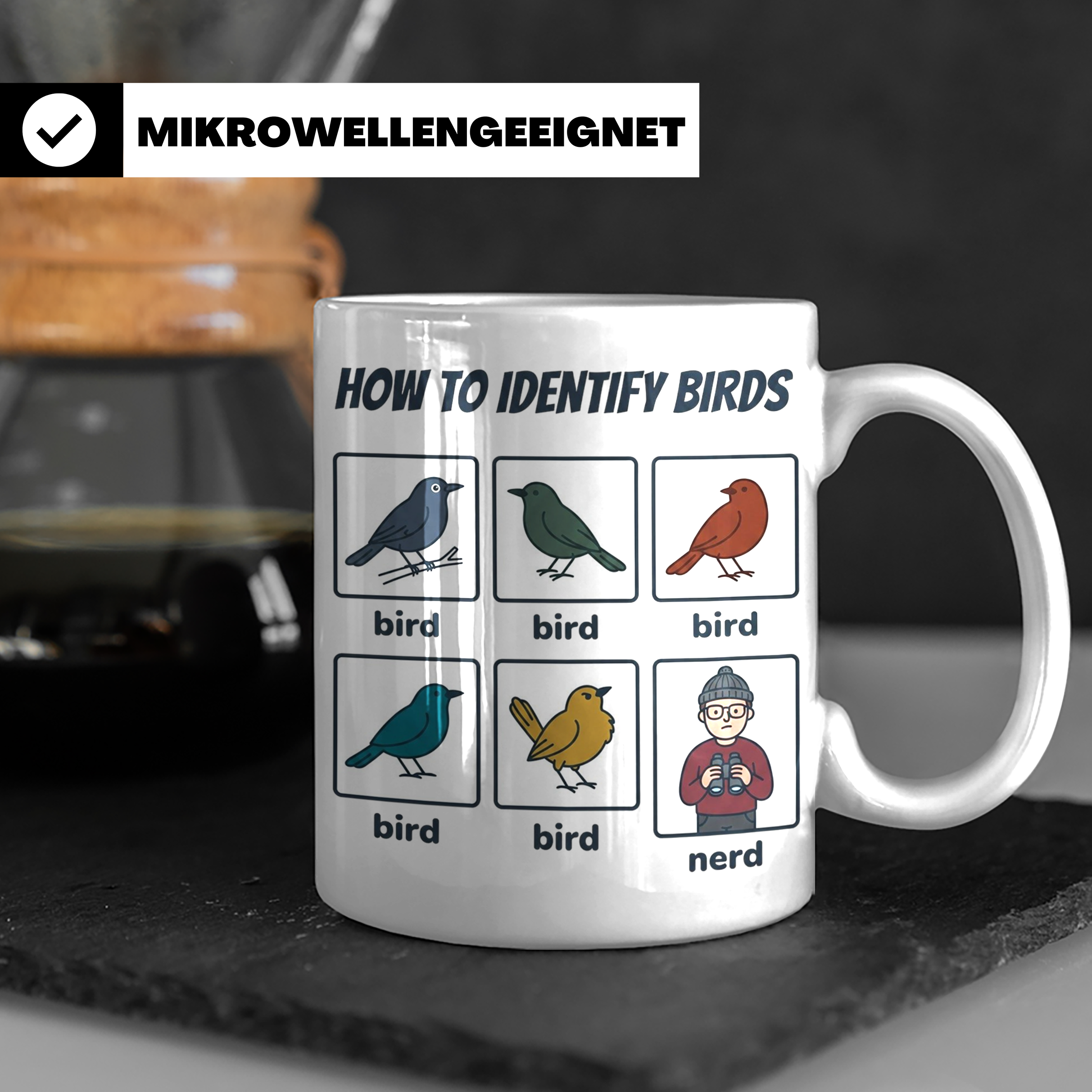 Vogelbeobachter Tasse "How to Identify Birds" Lustiges Nerd  – Weiß [farbe:weiß]