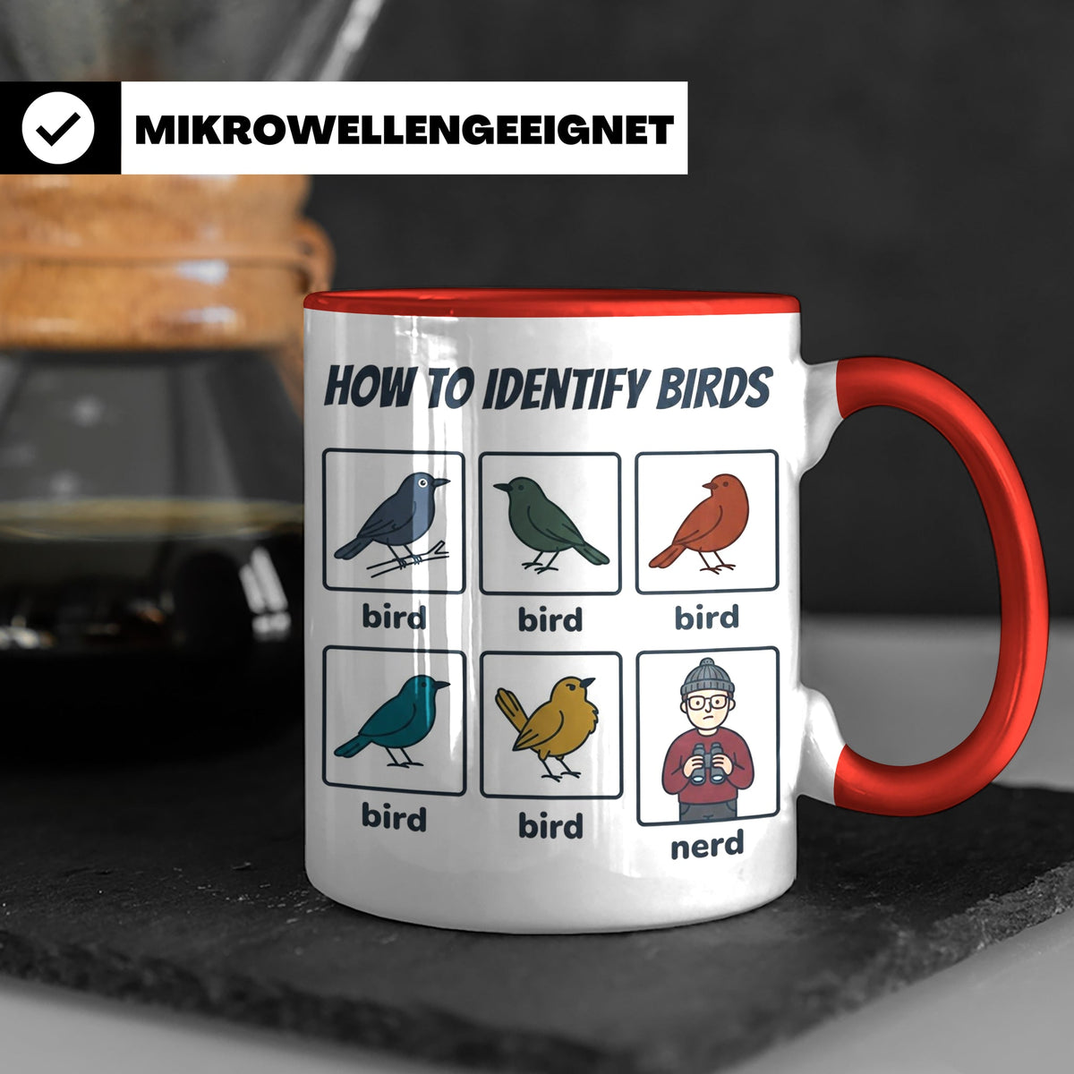 Vogelbeobachter Tasse "How to Identify Birds" Lustiges Nerd  – Rot [farbe:rot]