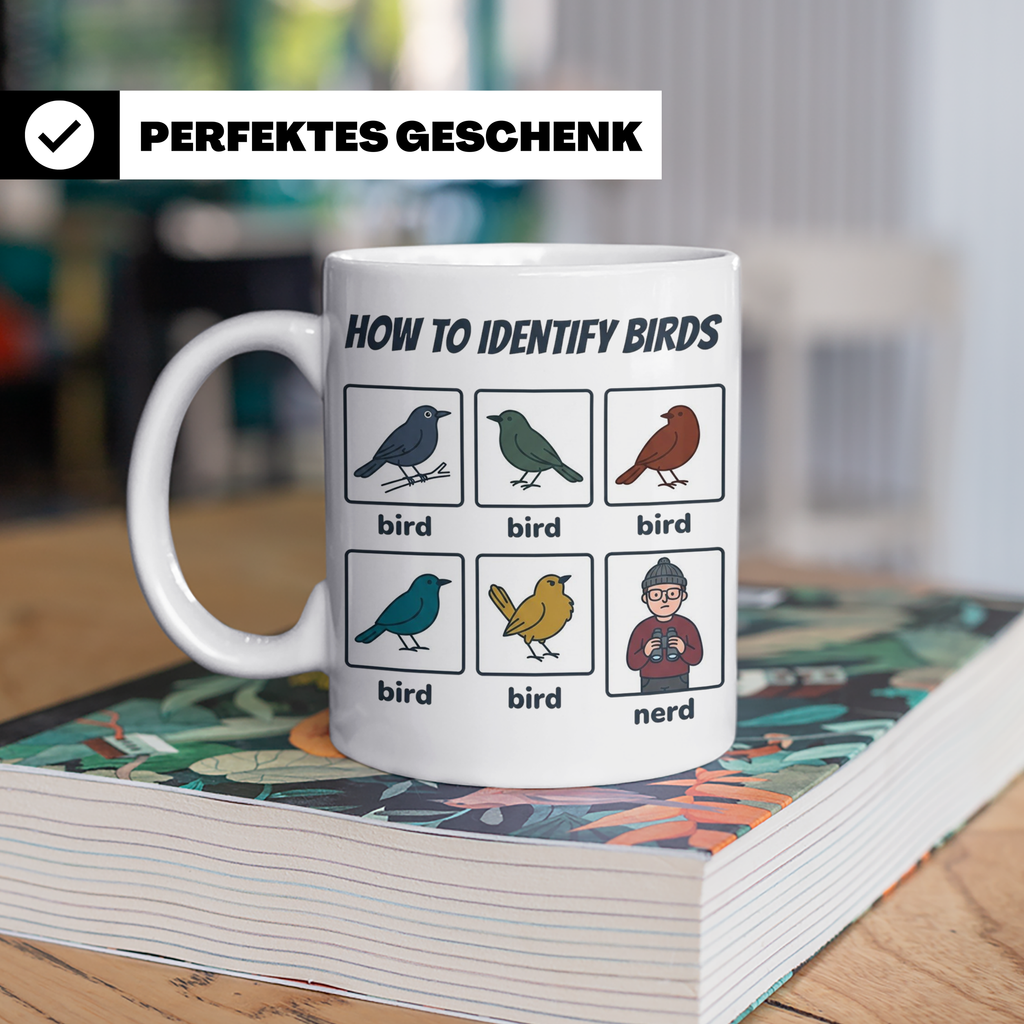 Vogelbeobachter Tasse "How to Identify Birds" Lustiges Nerd  – Weiß [farbe:weiß]