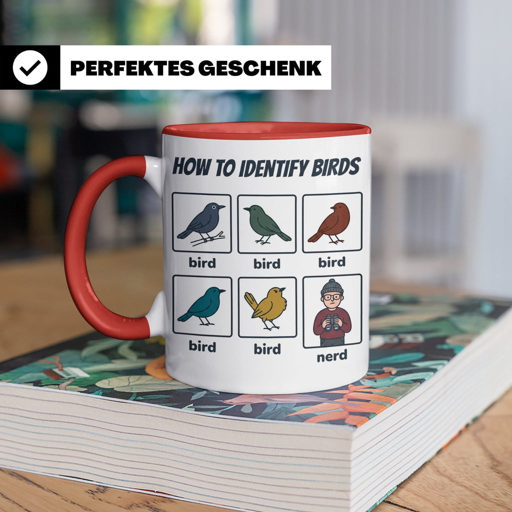 Vogelbeobachter Tasse "How to Identify Birds" Lustiges Nerd  – Rot [farbe:rot]