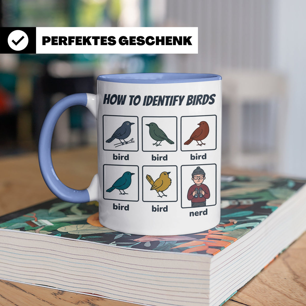 Vogelbeobachter Tasse "How to Identify Birds" Lustiges Nerd  – Blau [farbe:blau]