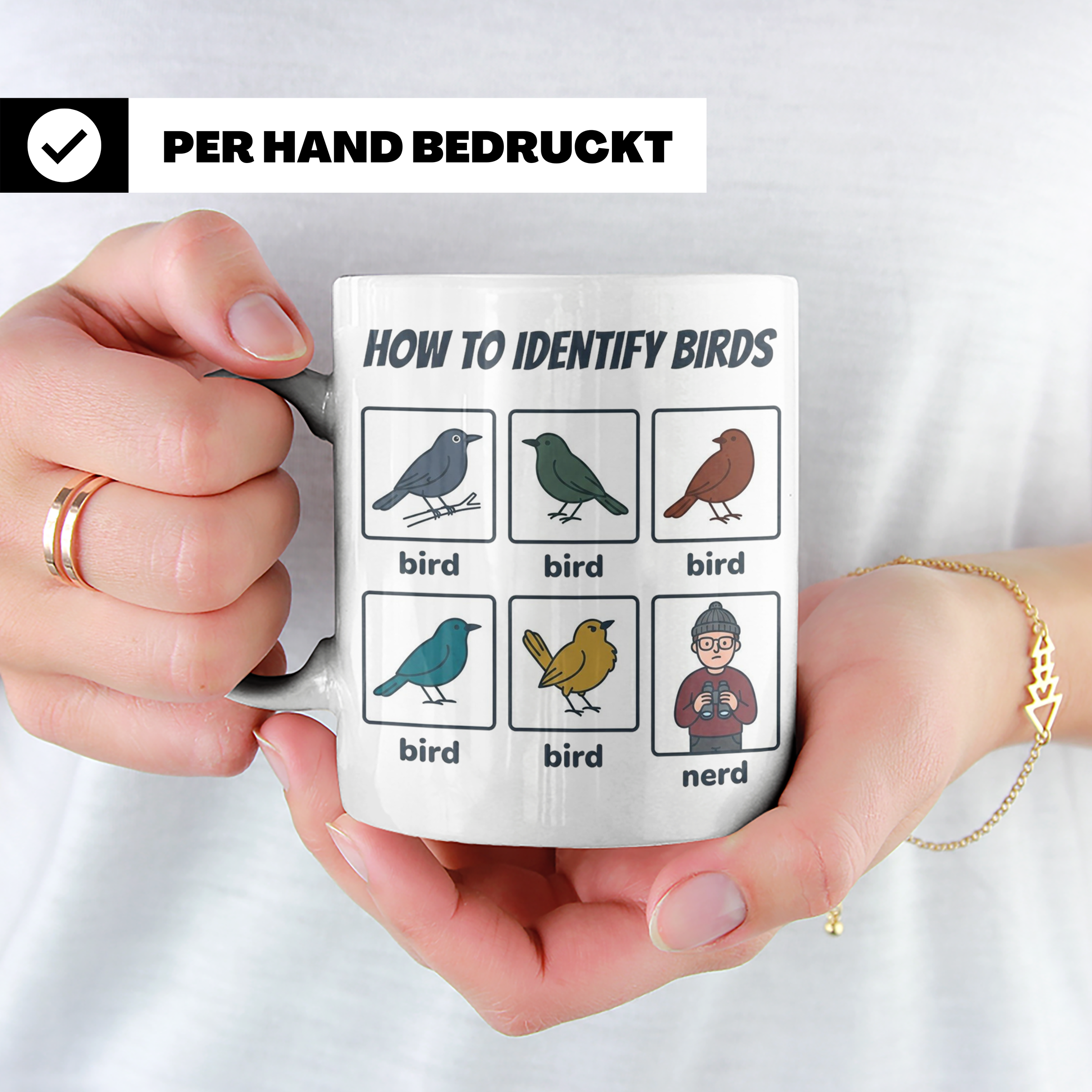 Vogelbeobachter Tasse "How to Identify Birds" Lustiges Nerd  – Weiß [farbe:weiß]