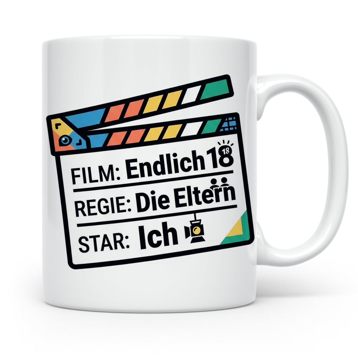 18. Geburtstag Tasse mit Filmklappe Spruch, Geschenk zur Vol – Weiß [farbe:weiß]