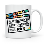 18. Geburtstag Tasse mit Filmklappe Spruch, Geschenk zur Vol – Weiß [farbe:weiß]