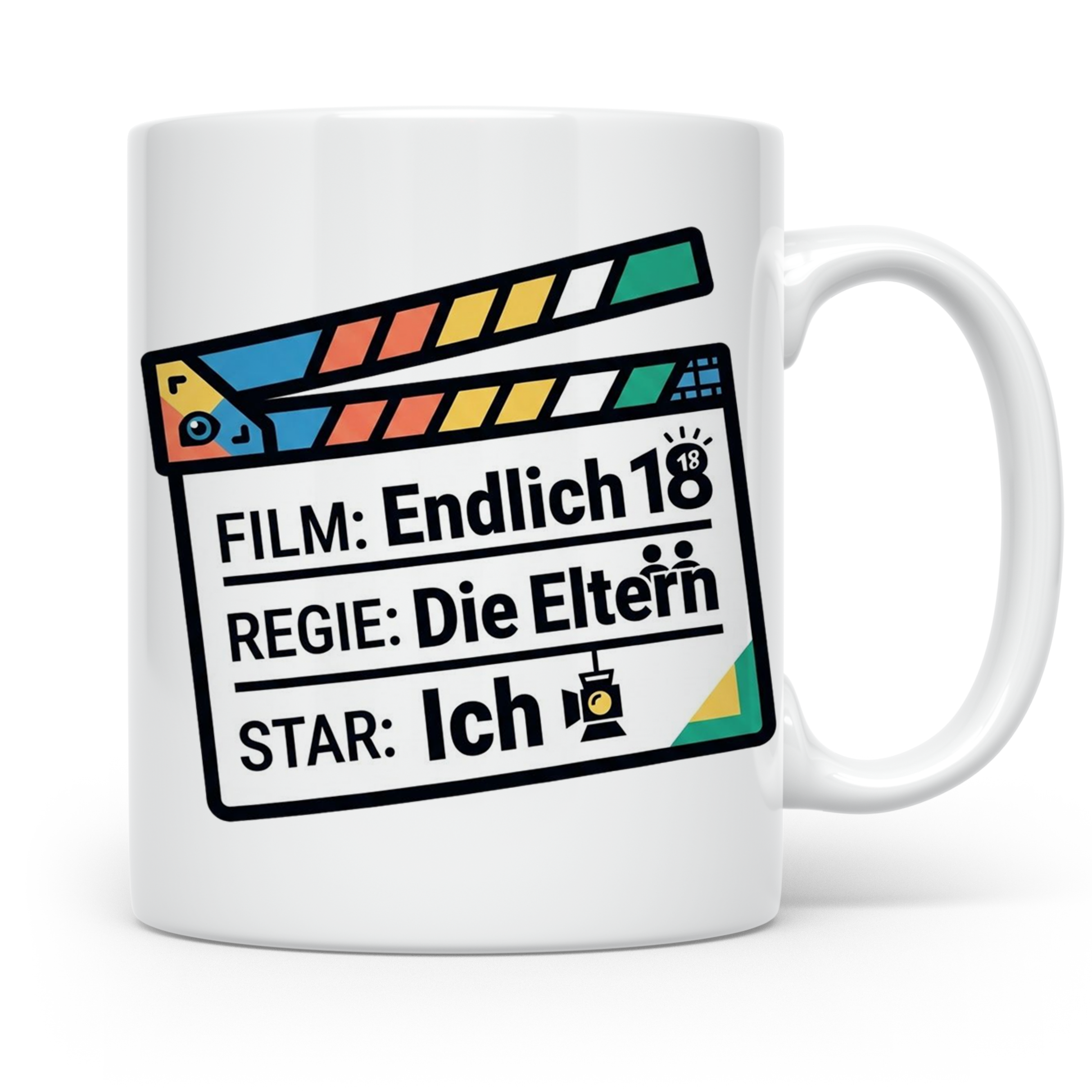 18. Geburtstag Tasse mit Filmklappe Spruch, Geschenk zur Vol – Weiß [farbe:weiß]