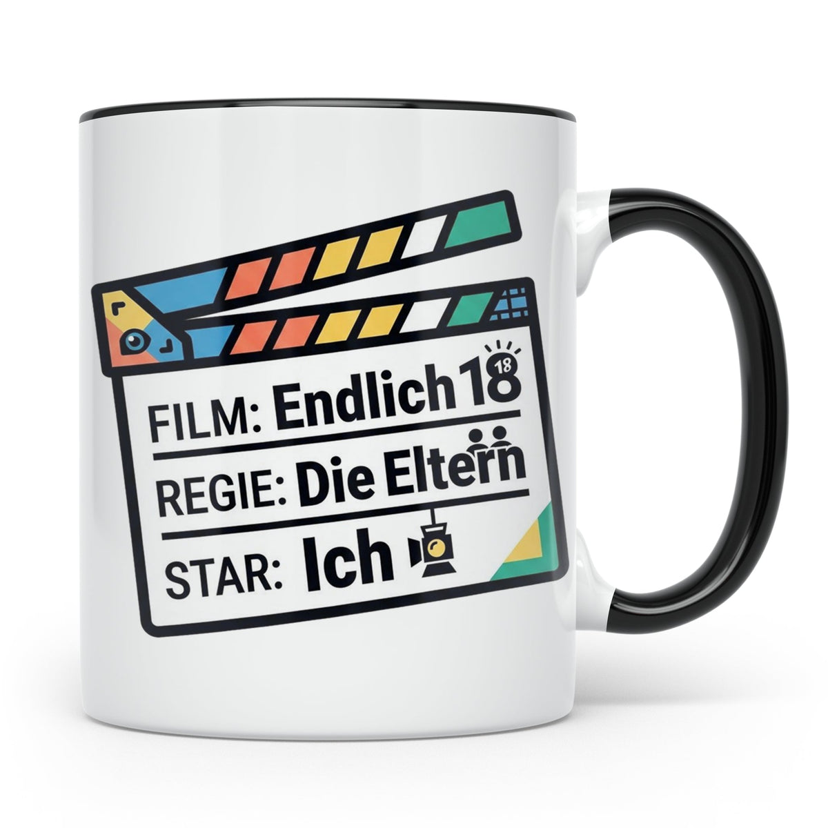 18. Geburtstag Tasse mit Filmklappe Spruch, Geschenk zur Vol – Schwarz [farbe:schwarz]