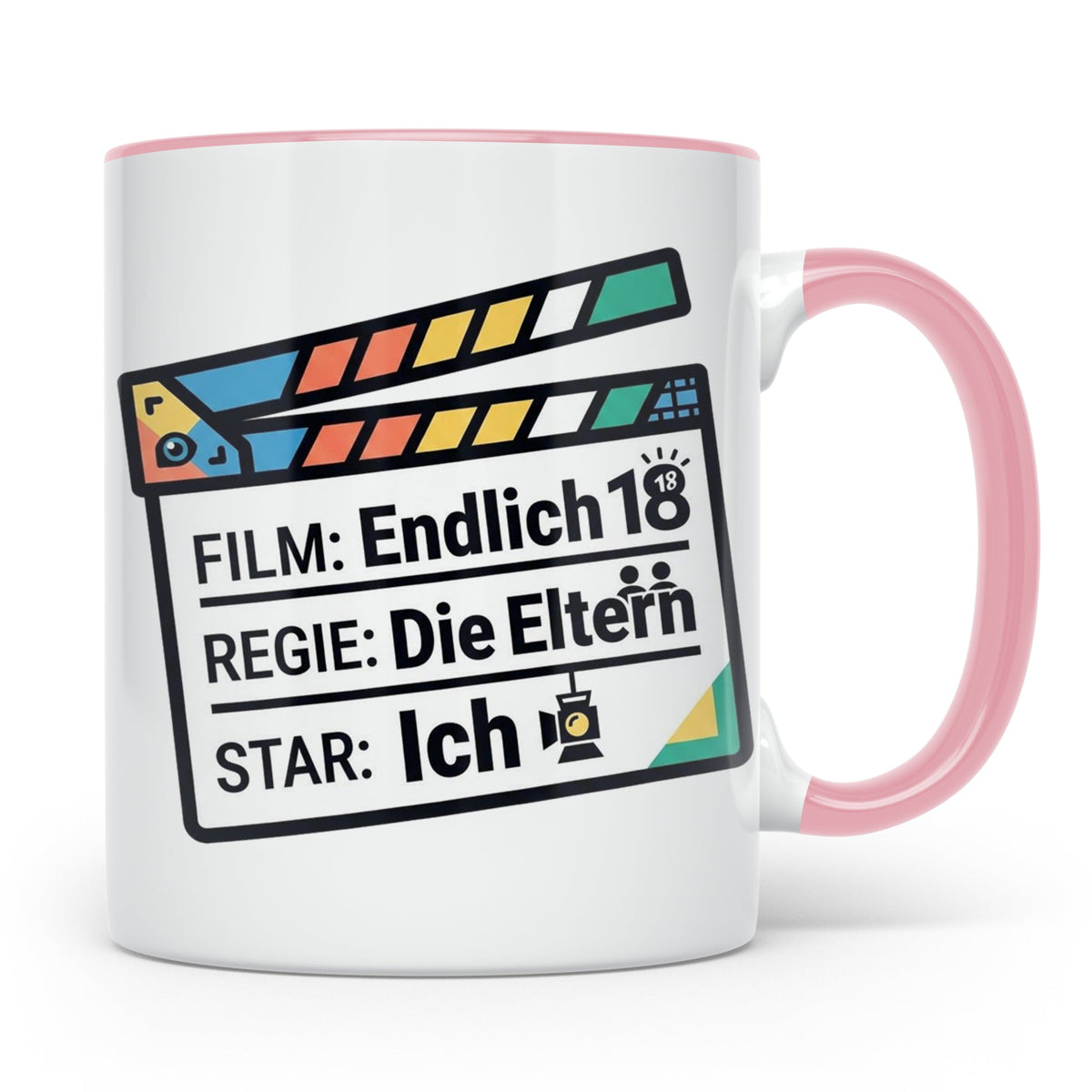 18. Geburtstag Tasse mit Filmklappe Spruch, Geschenk zur Vol – Rosa [farbe:rosa]