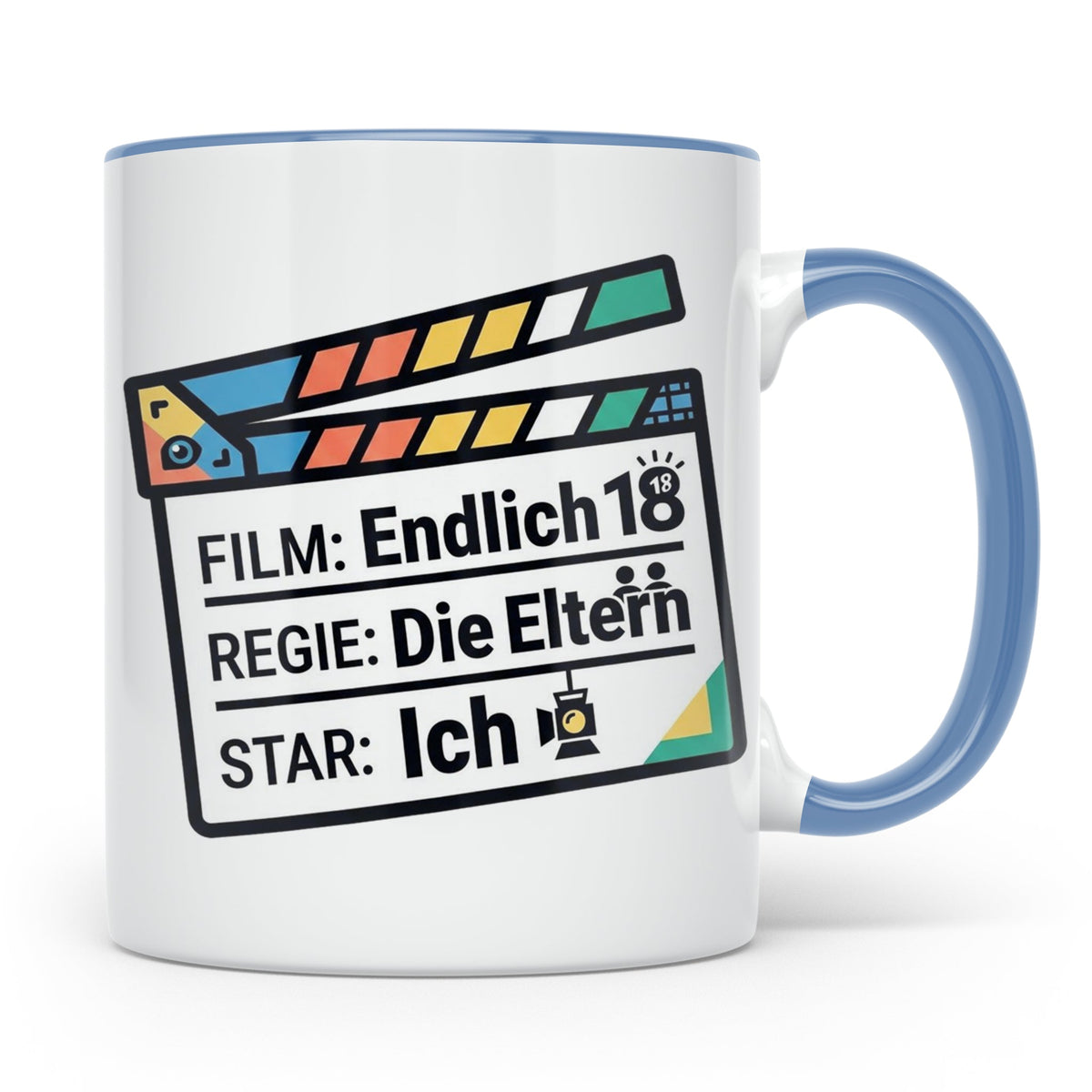 18. Geburtstag Tasse mit Filmklappe Spruch, Geschenk zur Vol – Blau [farbe:blau]