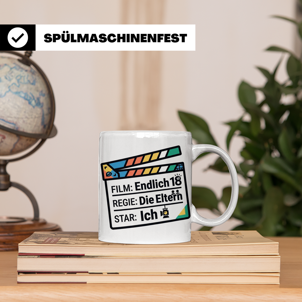 18. Geburtstag Tasse mit Filmklappe Spruch, Geschenk zur Vol – Weiß [farbe:weiß]