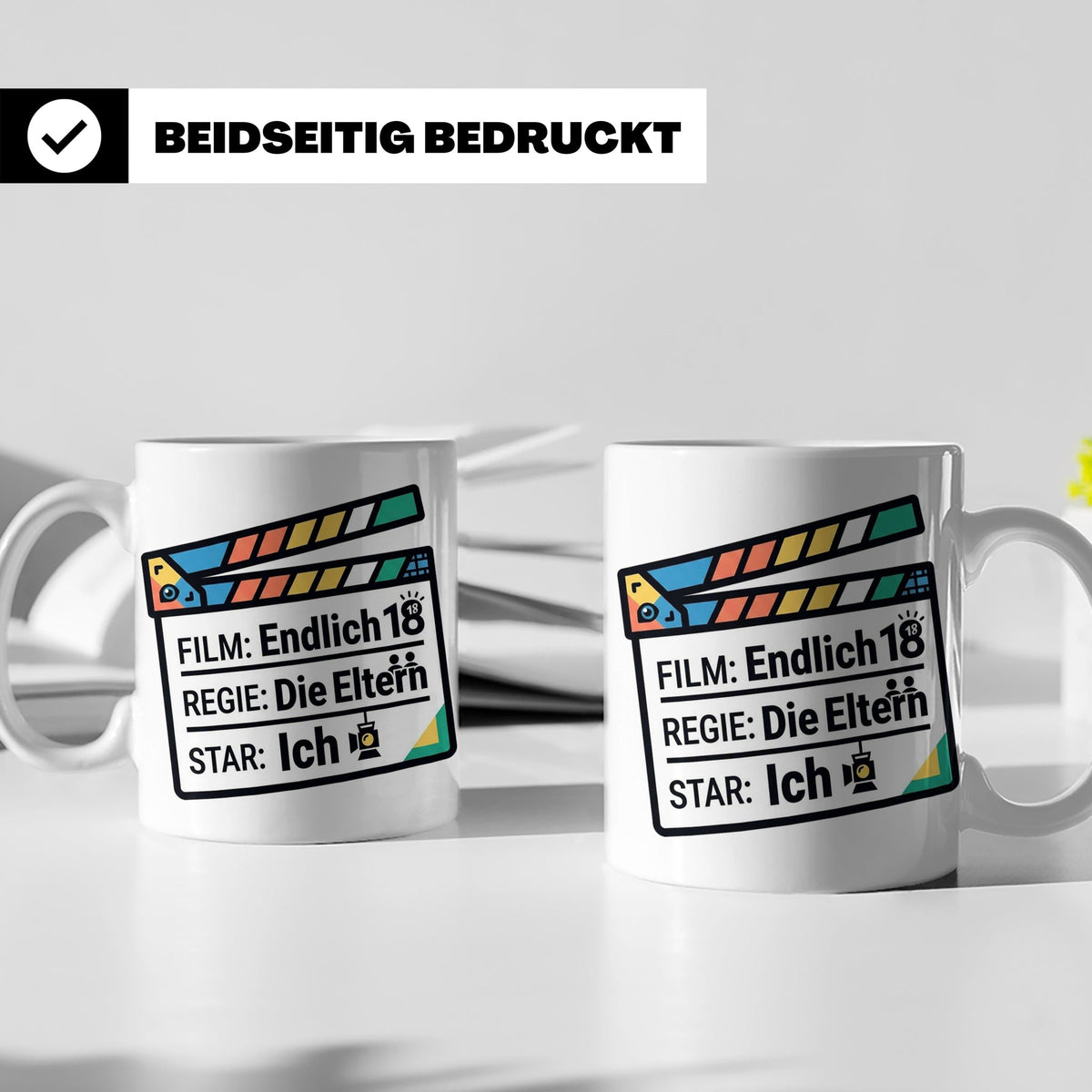 18. Geburtstag Tasse mit Filmklappe Spruch, Geschenk zur Vol – Weiß [farbe:weiß]