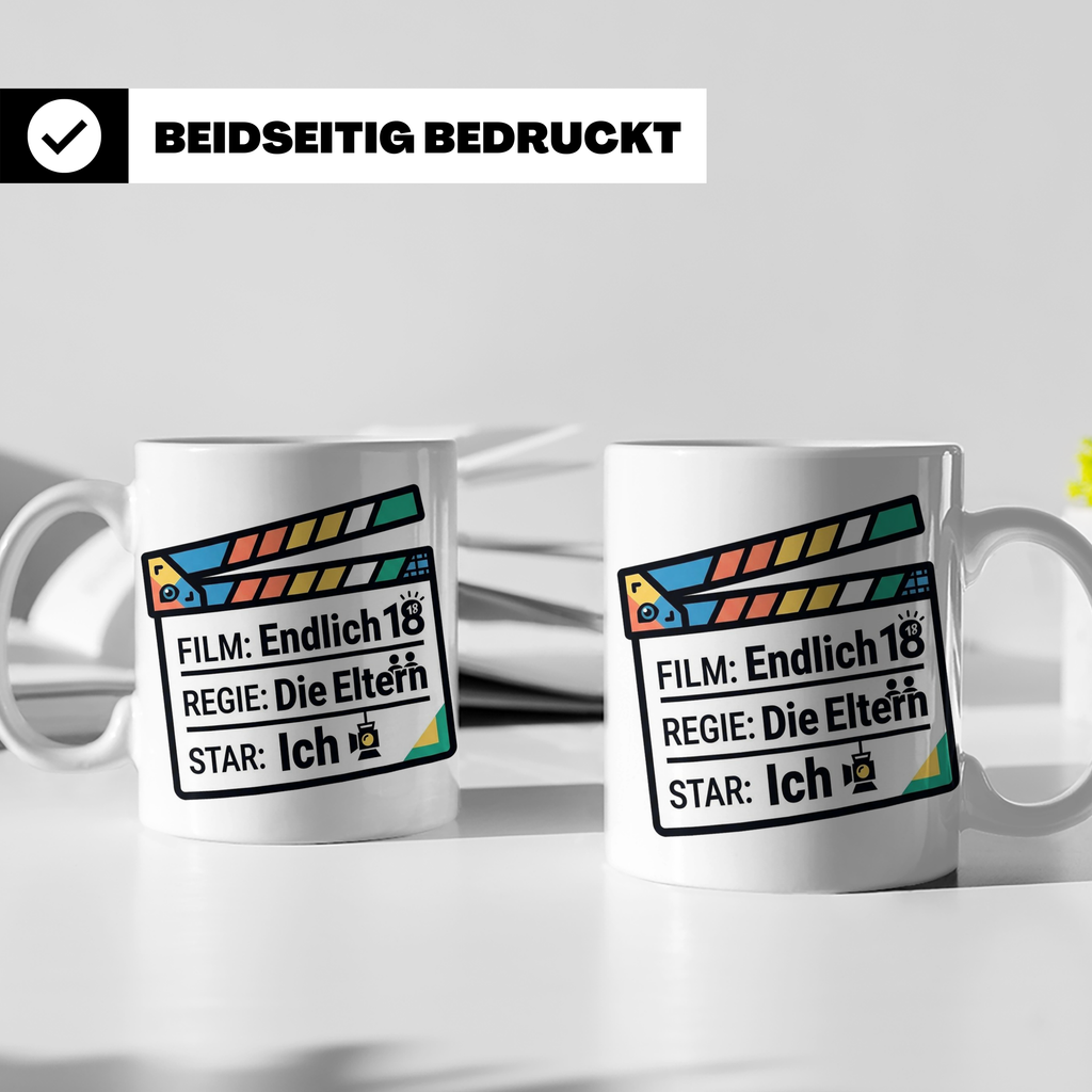 18. Geburtstag Tasse mit Filmklappe Spruch, Geschenk zur Vol – Weiß [farbe:weiß]
