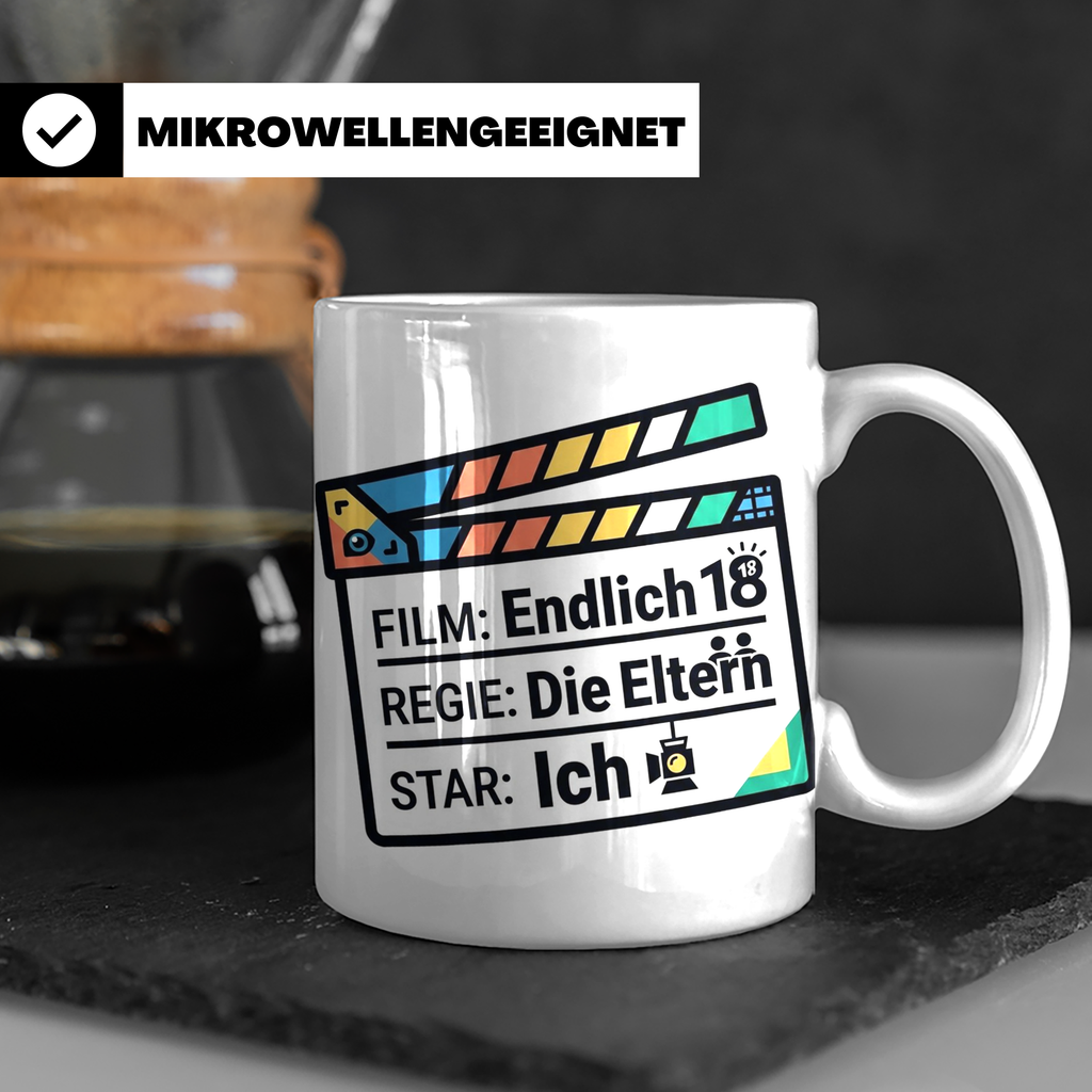 18. Geburtstag Tasse mit Filmklappe Spruch, Geschenk zur Vol – Weiß [farbe:weiß]