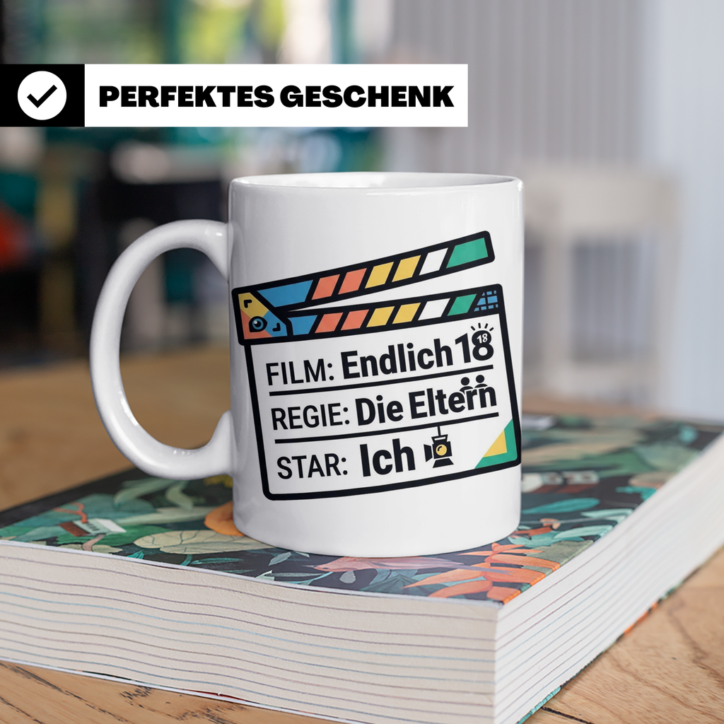 18. Geburtstag Tasse mit Filmklappe Spruch, Geschenk zur Vol – Weiß [farbe:weiß]