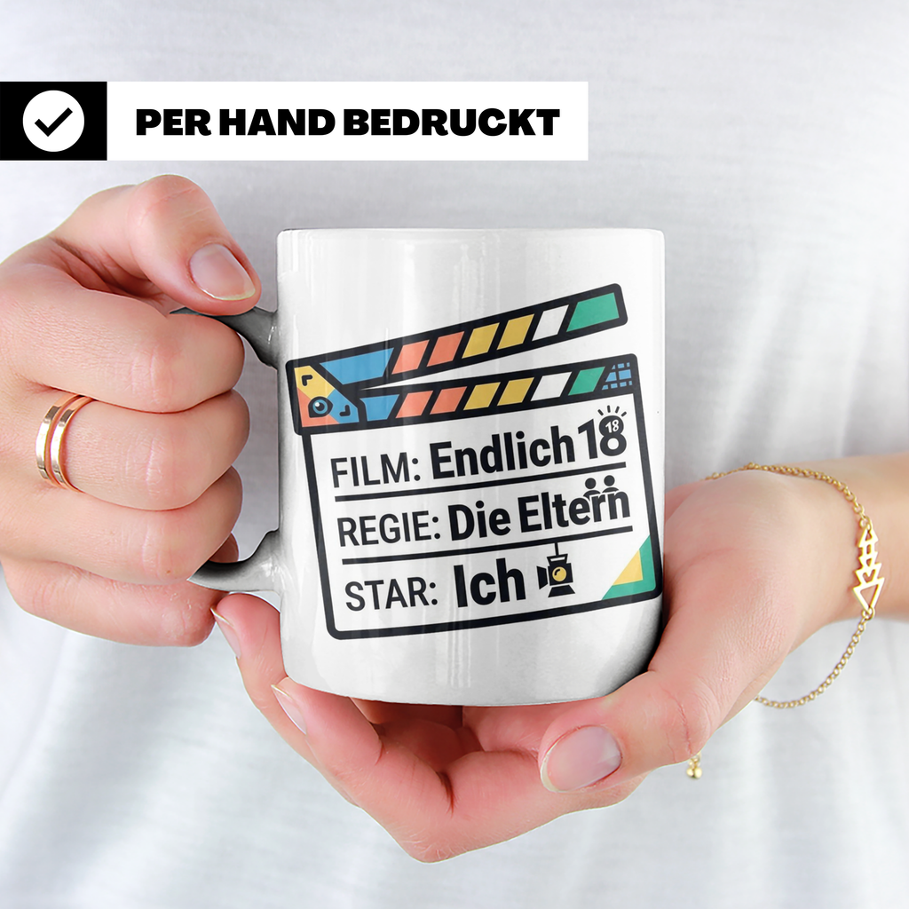 18. Geburtstag Tasse mit Filmklappe Spruch, Geschenk zur Vol – Weiß [farbe:weiß]