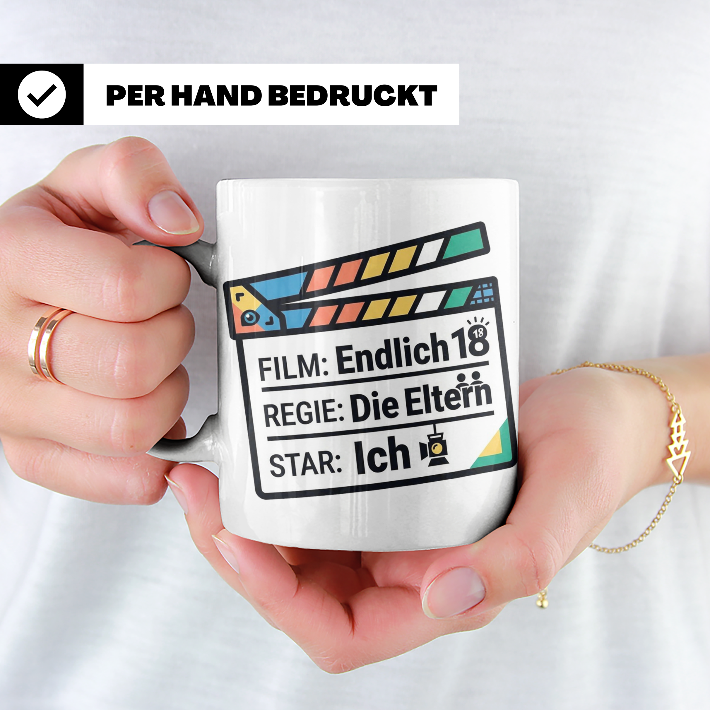 18. Geburtstag Tasse mit Filmklappe Spruch, Geschenk zur Vol – Weiß [farbe:weiß]