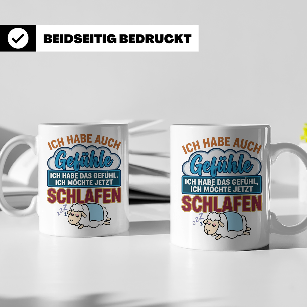 Morgenmuffel Tasse mit Spruch Ich habe Gefühle schlafen, lus – Weiß [farbe:weiß]