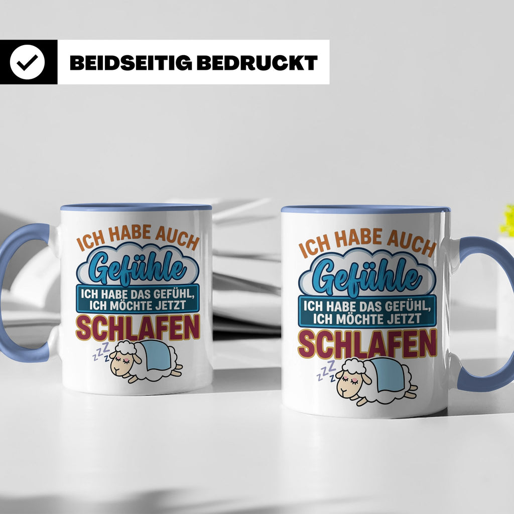 Morgenmuffel Tasse mit Spruch Ich habe Gefühle schlafen, lus – Blau [farbe:blau]