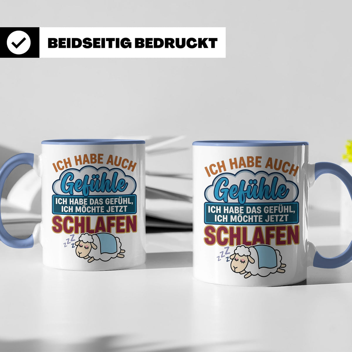 Morgenmuffel Tasse mit Spruch Ich habe Gefühle schlafen, lus – Blau [farbe:blau]