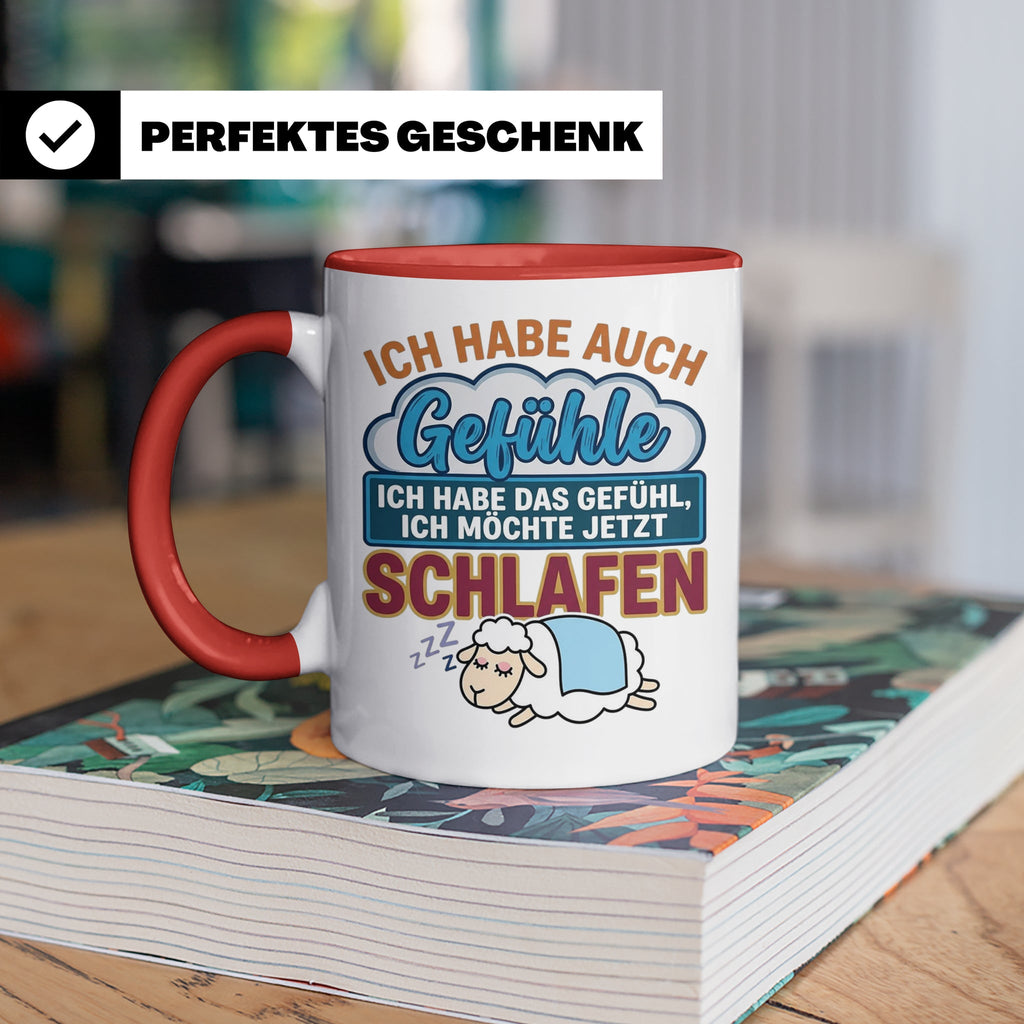 Morgenmuffel Tasse mit Spruch Ich habe Gefühle schlafen, lus – Rot [farbe:rot]