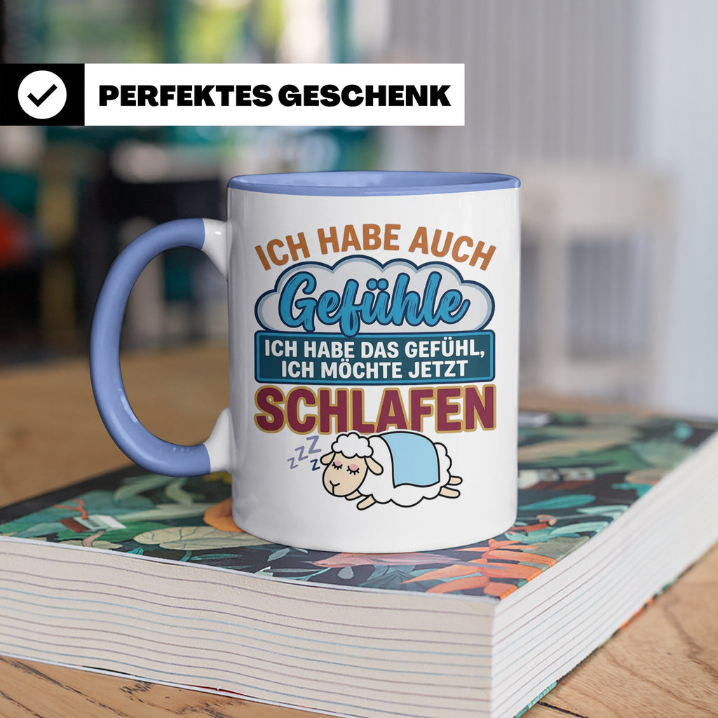 Morgenmuffel Tasse mit Spruch Ich habe Gefühle schlafen, lus – Blau [farbe:blau]