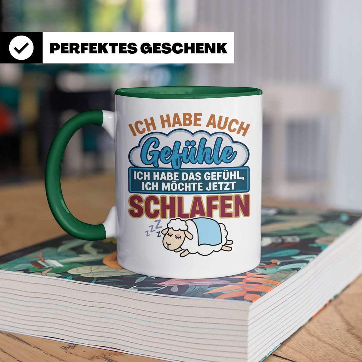 Morgenmuffel Tasse mit Spruch Ich habe Gefühle schlafen, lus – Grün [farbe:grün]