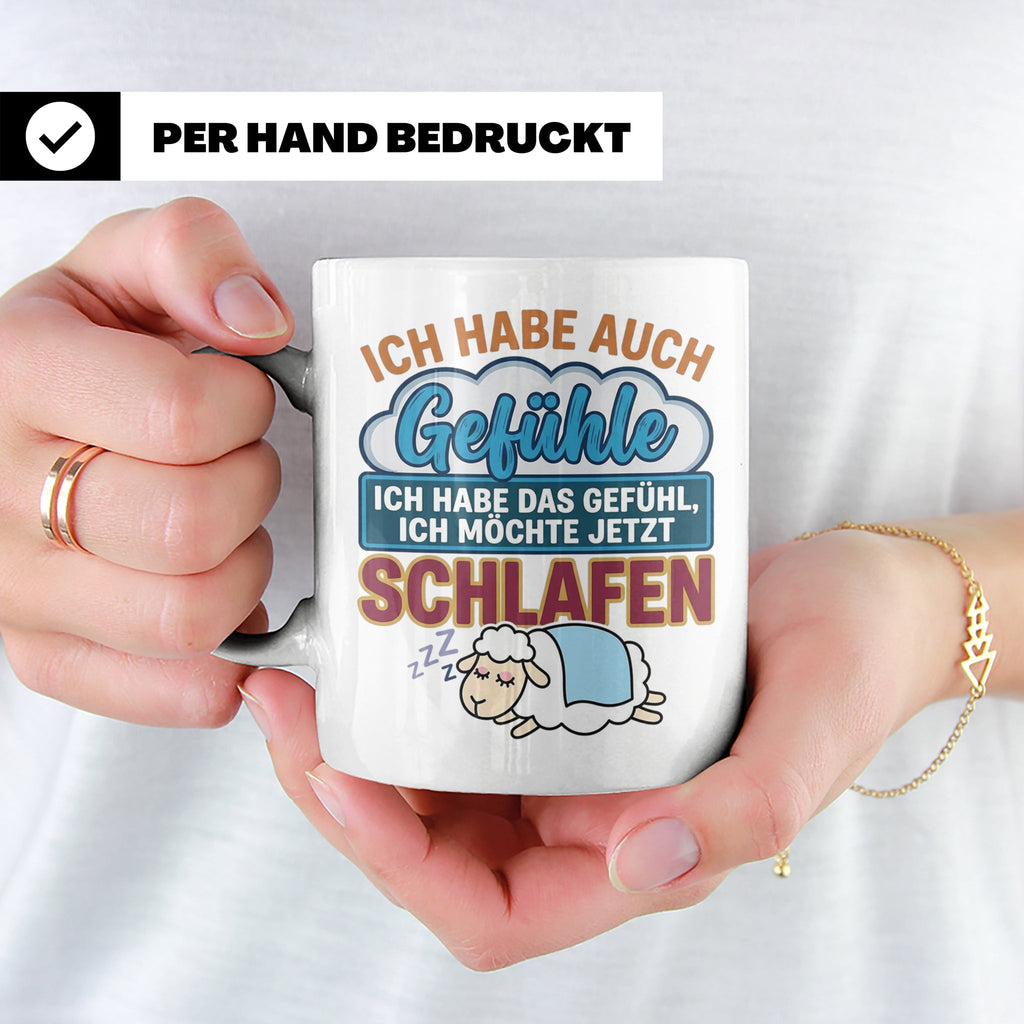 Morgenmuffel Tasse mit Spruch Ich habe Gefühle schlafen, lus – Weiß [farbe:weiß]