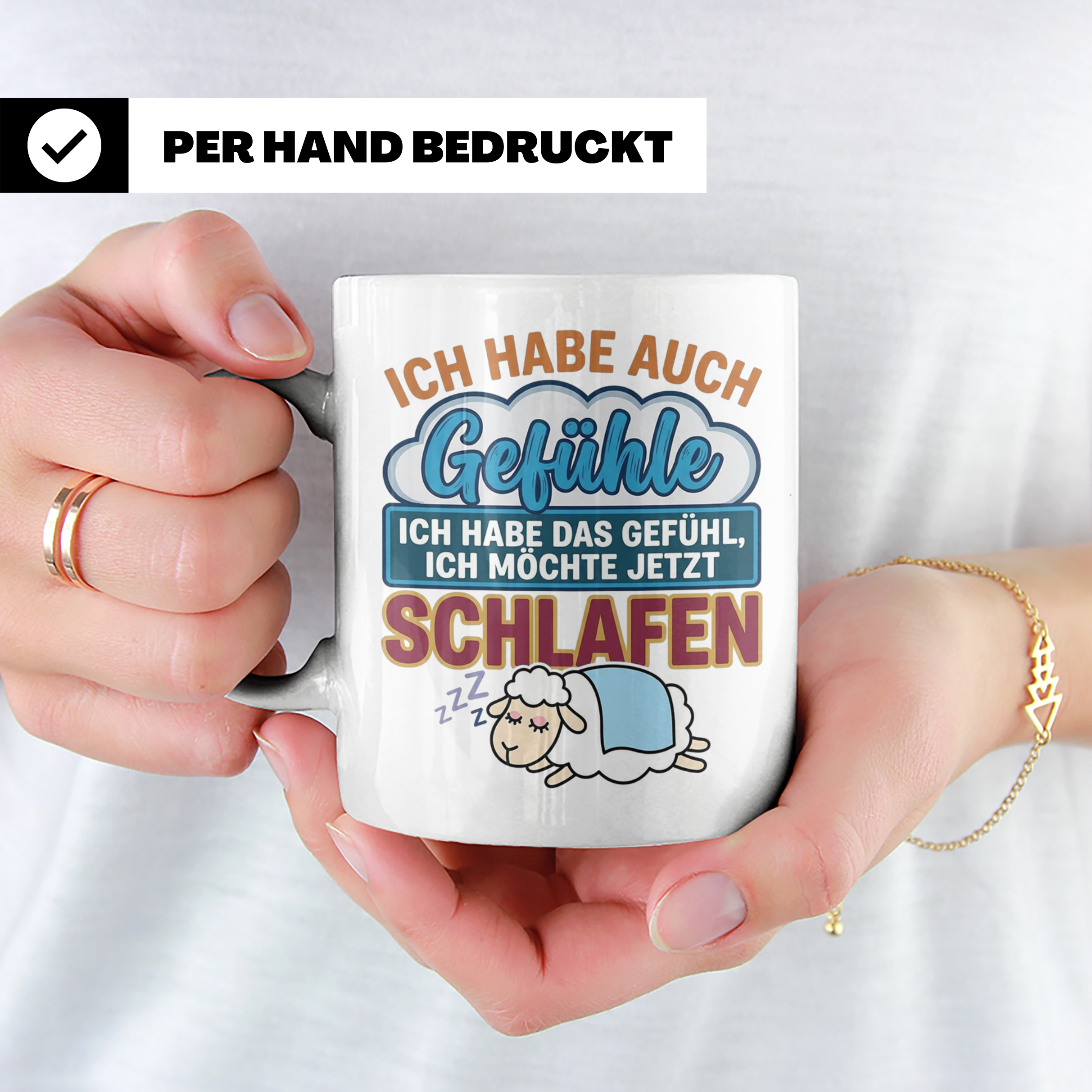 Morgenmuffel Tasse mit Spruch Ich habe Gefühle schlafen, lus – Weiß [farbe:weiß]
