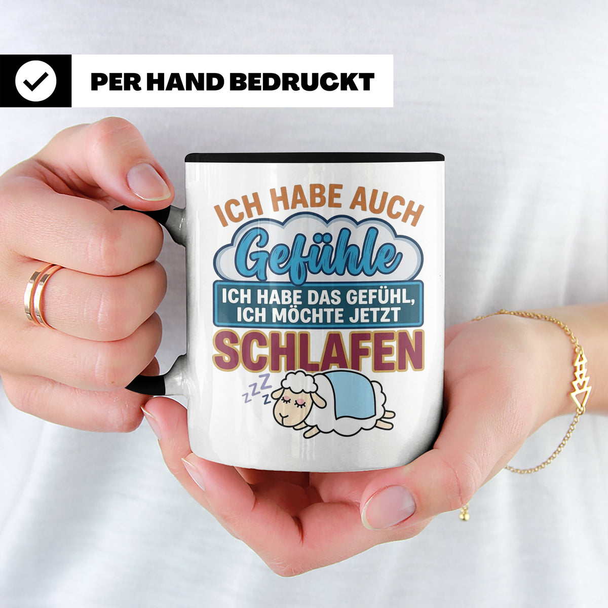 Morgenmuffel Tasse mit Spruch Ich habe Gefühle schlafen, lus – Schwarz [farbe:schwarz]