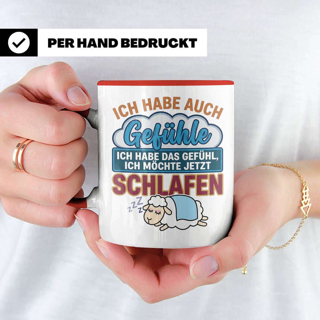 Morgenmuffel Tasse mit Spruch Ich habe Gefühle schlafen, lus – Rot [farbe:rot]