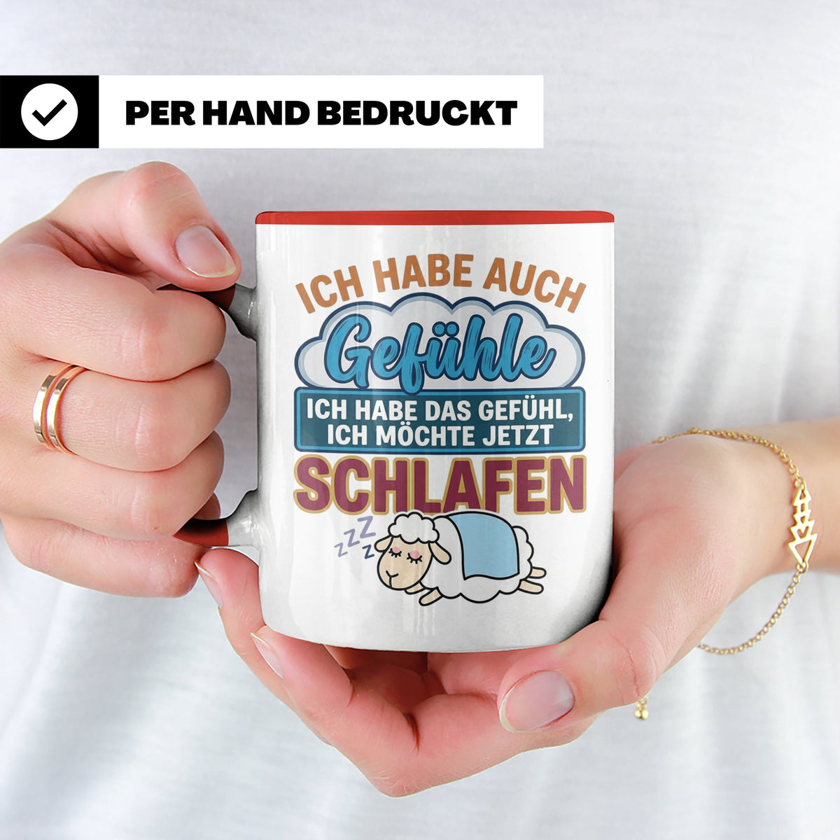 Morgenmuffel Tasse mit Spruch Ich habe Gefühle schlafen, lus – Rot [farbe:rot]