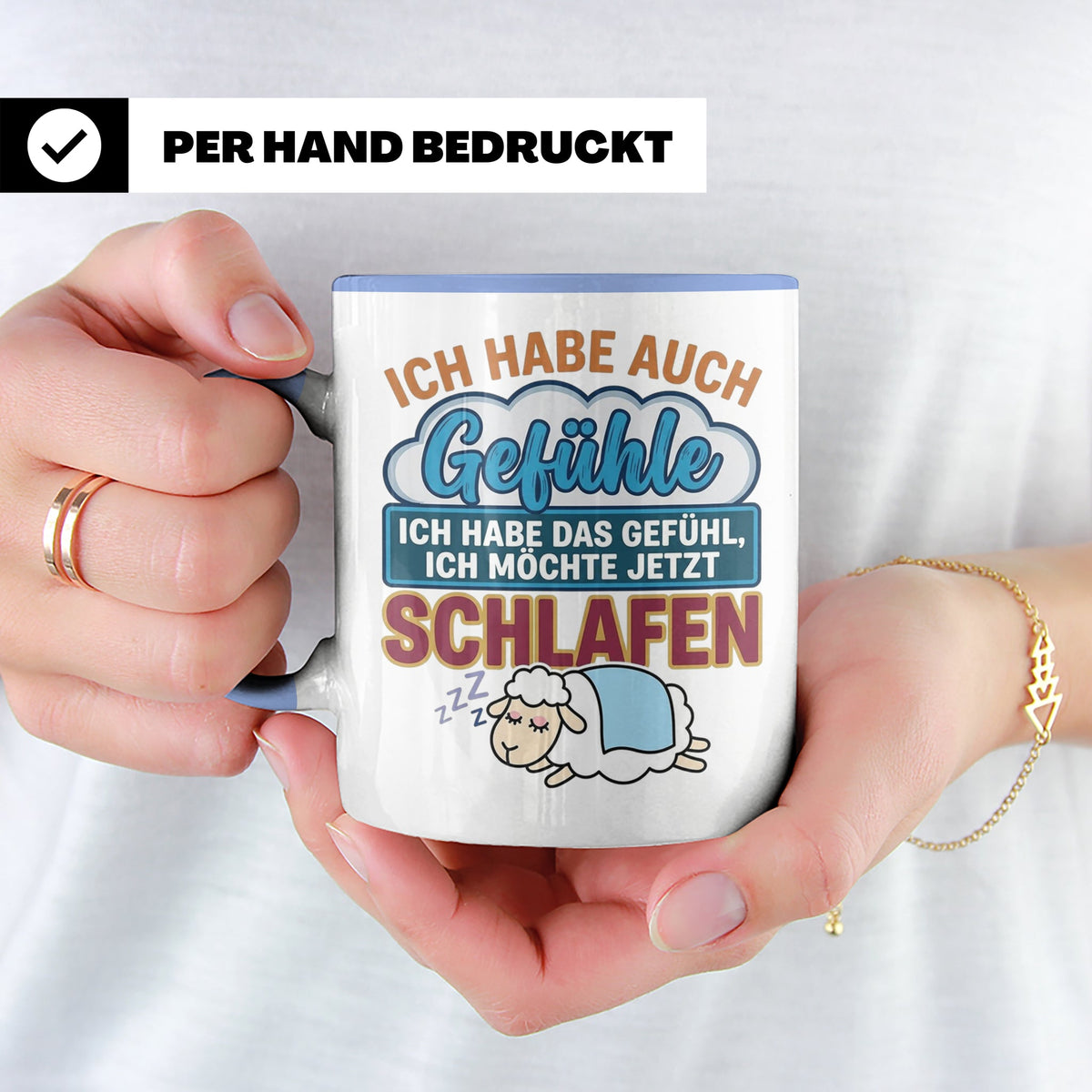Morgenmuffel Tasse mit Spruch Ich habe Gefühle schlafen, lus – Blau [farbe:blau]