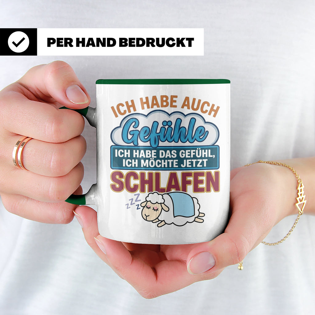 Morgenmuffel Tasse mit Spruch Ich habe Gefühle schlafen, lus – Grün [farbe:grün]