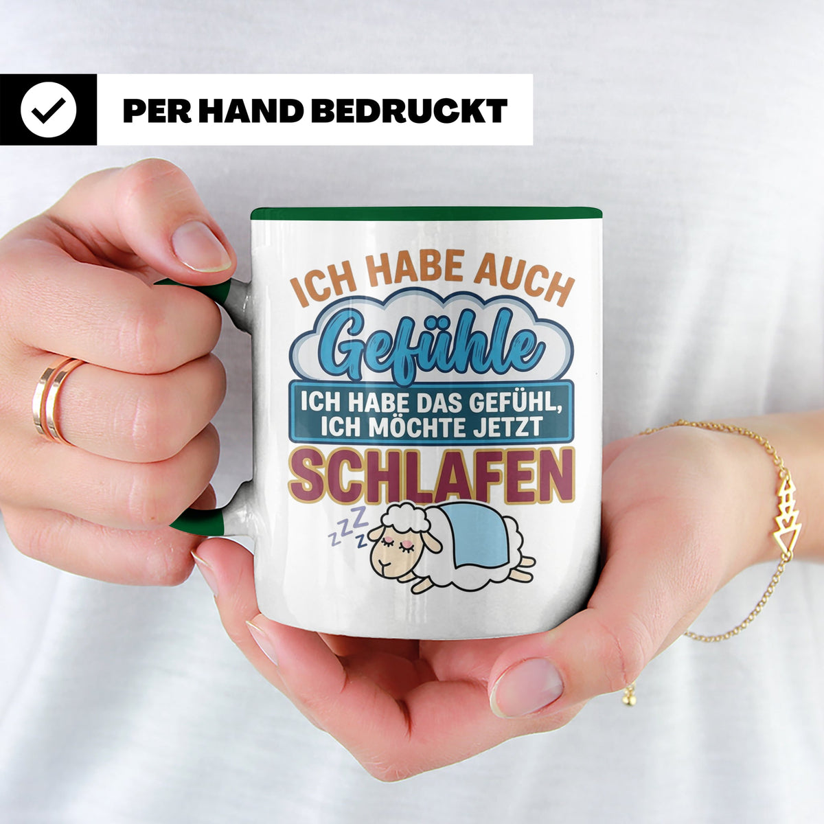 Morgenmuffel Tasse mit Spruch Ich habe Gefühle schlafen, lus – Grün [farbe:grün]