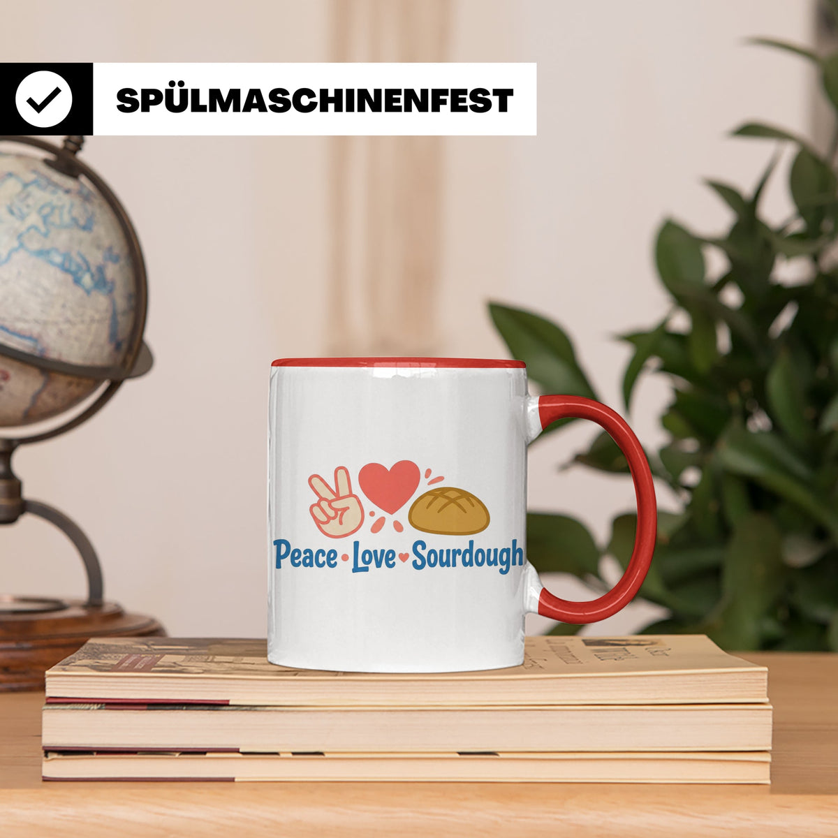 Sauerteig Tasse Peace Love Sourdough | Geschenk für Bäcker,  – Rot [farbe:rot]