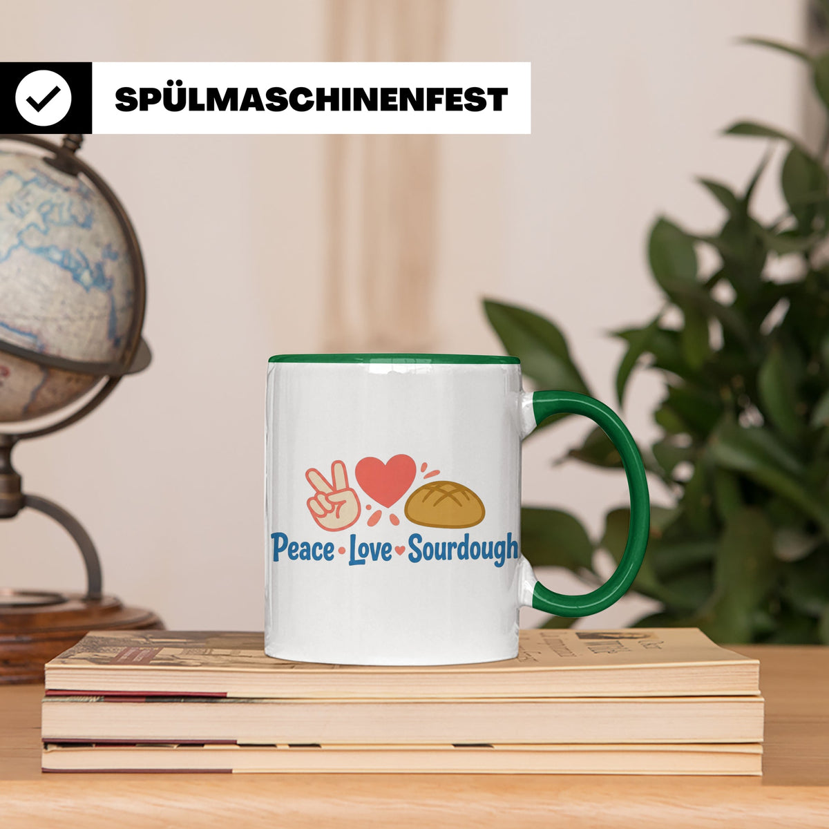 Sauerteig Tasse Peace Love Sourdough | Geschenk für Bäcker,  – Grün [farbe:grün]