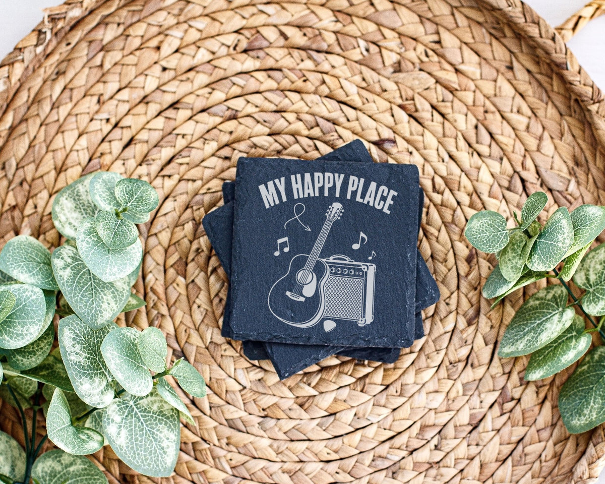 Schiefer Untersetzer Gitarre My Happy Place - Geschenk für Musiker Git – Bild 3