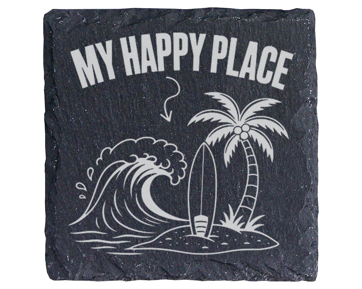 Schiefer Untersetzer My Happy Place Strand - Geschenk für Surfer Urlau – Bild 1